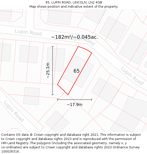 65, LUPIN ROAD, LINCOLN, LN2 4GB: Plot and title map