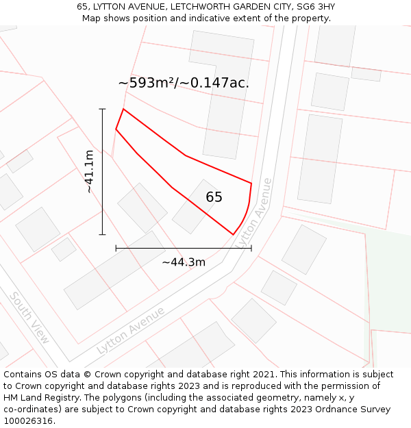 65, LYTTON AVENUE, LETCHWORTH GARDEN CITY, SG6 3HY: Plot and title map