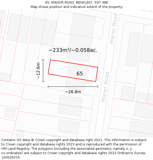 65, MANOR ROAD, BENFLEET, SS7 4BE: Plot and title map