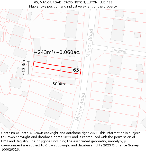 65, MANOR ROAD, CADDINGTON, LUTON, LU1 4EE: Plot and title map