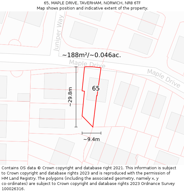 65, MAPLE DRIVE, TAVERHAM, NORWICH, NR8 6TF: Plot and title map