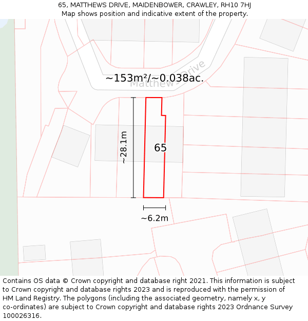 65, MATTHEWS DRIVE, MAIDENBOWER, CRAWLEY, RH10 7HJ: Plot and title map