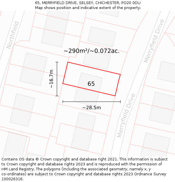 65, MERRYFIELD DRIVE, SELSEY, CHICHESTER, PO20 0DU: Plot and title map