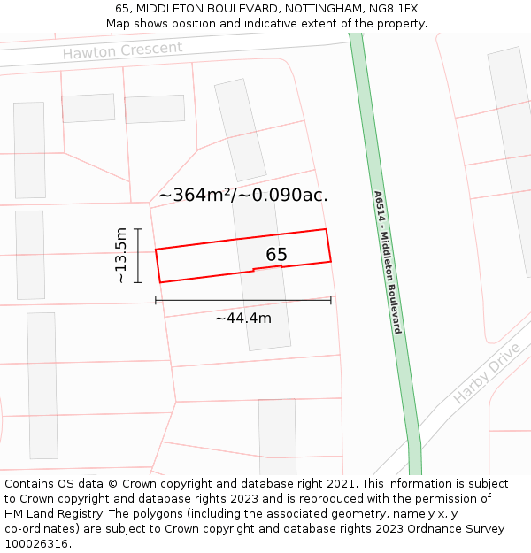 65, MIDDLETON BOULEVARD, NOTTINGHAM, NG8 1FX: Plot and title map