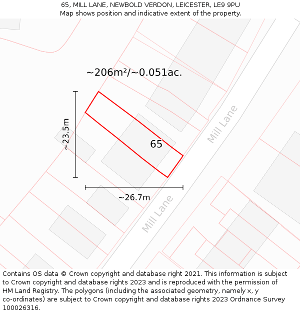 65, MILL LANE, NEWBOLD VERDON, LEICESTER, LE9 9PU: Plot and title map