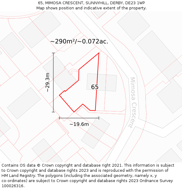 65, MIMOSA CRESCENT, SUNNYHILL, DERBY, DE23 1WP: Plot and title map
