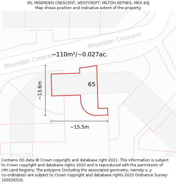 65, MISERDEN CRESCENT, WESTCROFT, MILTON KEYNES, MK4 4GJ: Plot and title map