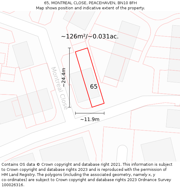 65, MONTREAL CLOSE, PEACEHAVEN, BN10 8FH: Plot and title map