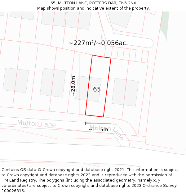 65, MUTTON LANE, POTTERS BAR, EN6 2NX: Plot and title map