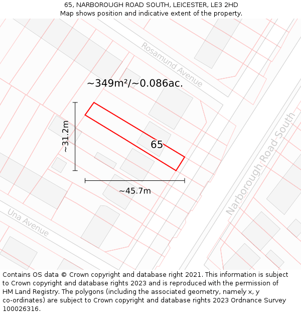 65, NARBOROUGH ROAD SOUTH, LEICESTER, LE3 2HD: Plot and title map