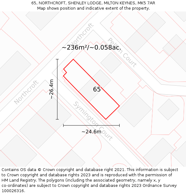 65, NORTHCROFT, SHENLEY LODGE, MILTON KEYNES, MK5 7AR: Plot and title map