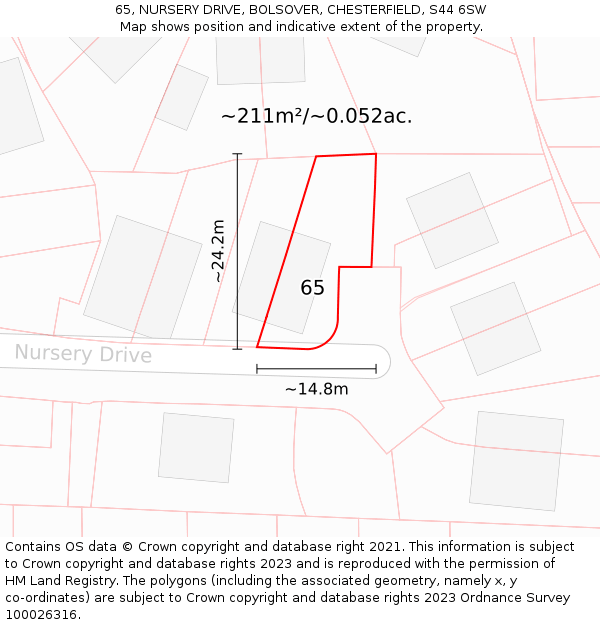 65, NURSERY DRIVE, BOLSOVER, CHESTERFIELD, S44 6SW: Plot and title map