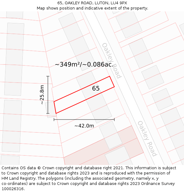 65, OAKLEY ROAD, LUTON, LU4 9PX: Plot and title map