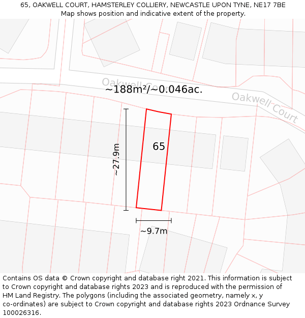65, OAKWELL COURT, HAMSTERLEY COLLIERY, NEWCASTLE UPON TYNE, NE17 7BE: Plot and title map