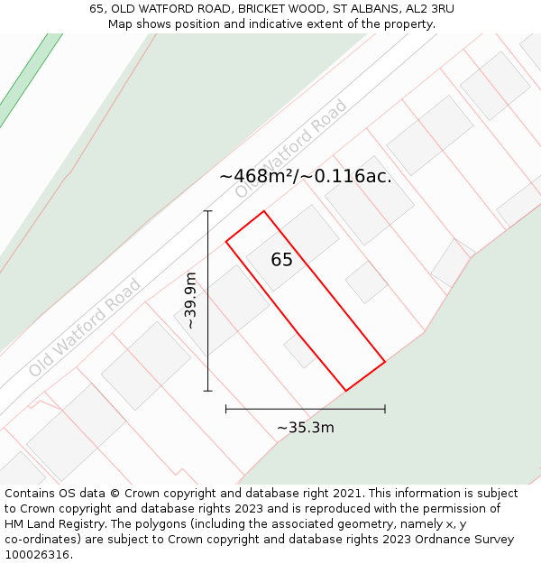 65, OLD WATFORD ROAD, BRICKET WOOD, ST ALBANS, AL2 3RU: Plot and title map