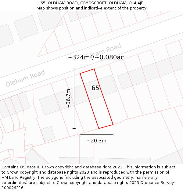 65, OLDHAM ROAD, GRASSCROFT, OLDHAM, OL4 4JE: Plot and title map