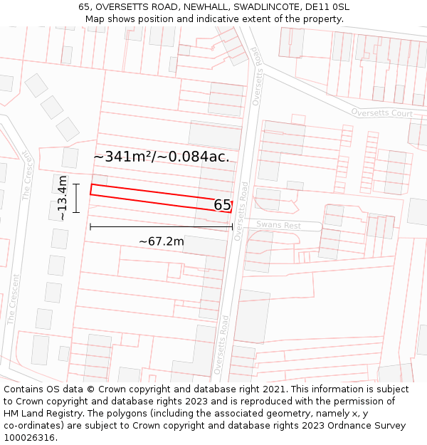 65, OVERSETTS ROAD, NEWHALL, SWADLINCOTE, DE11 0SL: Plot and title map