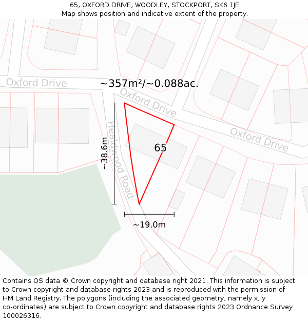 65, OXFORD DRIVE, WOODLEY, STOCKPORT, SK6 1JE: Plot and title map