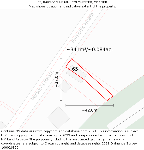 65, PARSONS HEATH, COLCHESTER, CO4 3EP: Plot and title map