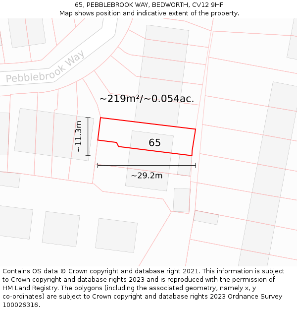 65, PEBBLEBROOK WAY, BEDWORTH, CV12 9HF: Plot and title map