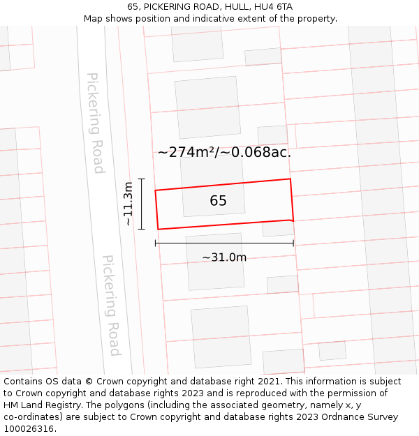 65, PICKERING ROAD, HULL, HU4 6TA: Plot and title map