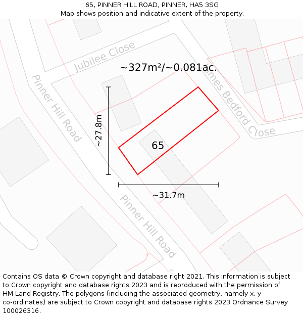 65, PINNER HILL ROAD, PINNER, HA5 3SG: Plot and title map