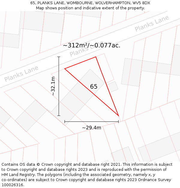 65, PLANKS LANE, WOMBOURNE, WOLVERHAMPTON, WV5 8DX: Plot and title map