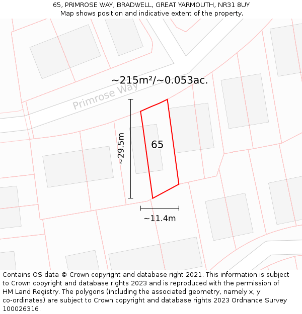 65, PRIMROSE WAY, BRADWELL, GREAT YARMOUTH, NR31 8UY: Plot and title map