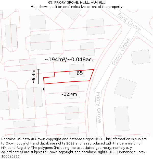 65, PRIORY GROVE, HULL, HU4 6LU: Plot and title map