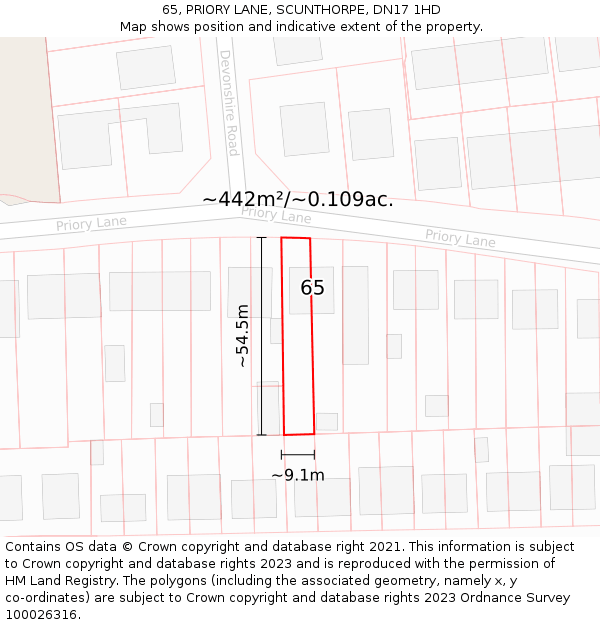 65, PRIORY LANE, SCUNTHORPE, DN17 1HD: Plot and title map