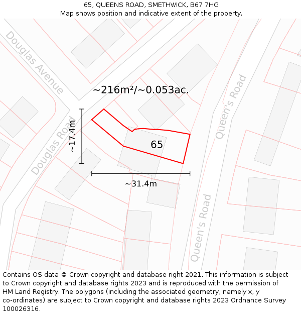 65, QUEENS ROAD, SMETHWICK, B67 7HG: Plot and title map