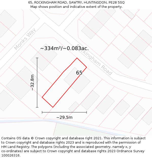 65, ROCKINGHAM ROAD, SAWTRY, HUNTINGDON, PE28 5SQ: Plot and title map