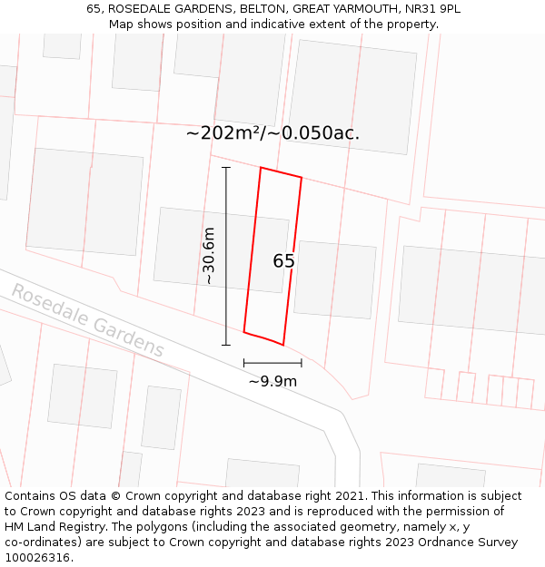 65, ROSEDALE GARDENS, BELTON, GREAT YARMOUTH, NR31 9PL: Plot and title map