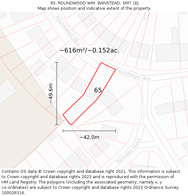 65, ROUNDWOOD WAY, BANSTEAD, SM7 1EJ: Plot and title map