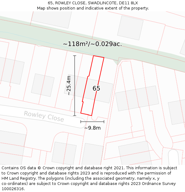 65, ROWLEY CLOSE, SWADLINCOTE, DE11 8LX: Plot and title map