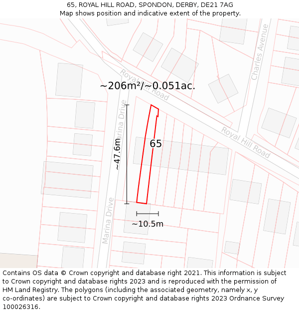 65, ROYAL HILL ROAD, SPONDON, DERBY, DE21 7AG: Plot and title map