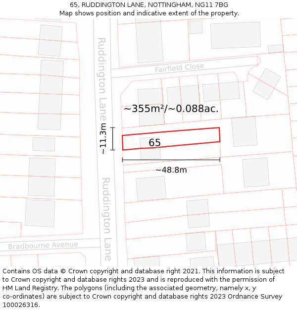 65, RUDDINGTON LANE, NOTTINGHAM, NG11 7BG: Plot and title map