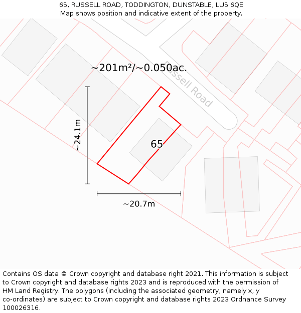 65, RUSSELL ROAD, TODDINGTON, DUNSTABLE, LU5 6QE: Plot and title map