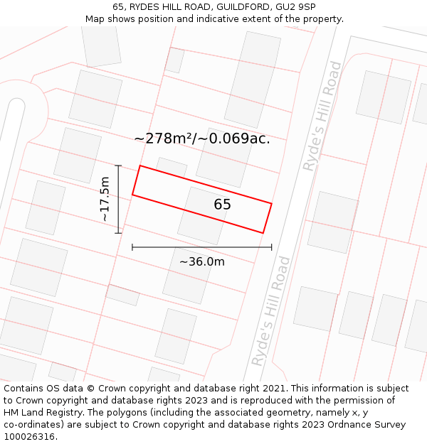 65, RYDES HILL ROAD, GUILDFORD, GU2 9SP: Plot and title map