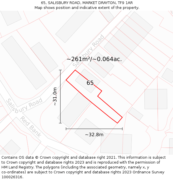 65, SALISBURY ROAD, MARKET DRAYTON, TF9 1AR: Plot and title map