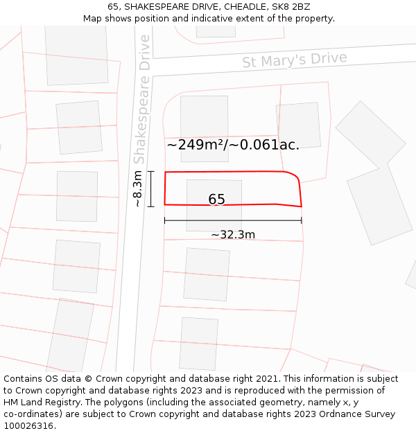 65, SHAKESPEARE DRIVE, CHEADLE, SK8 2BZ: Plot and title map