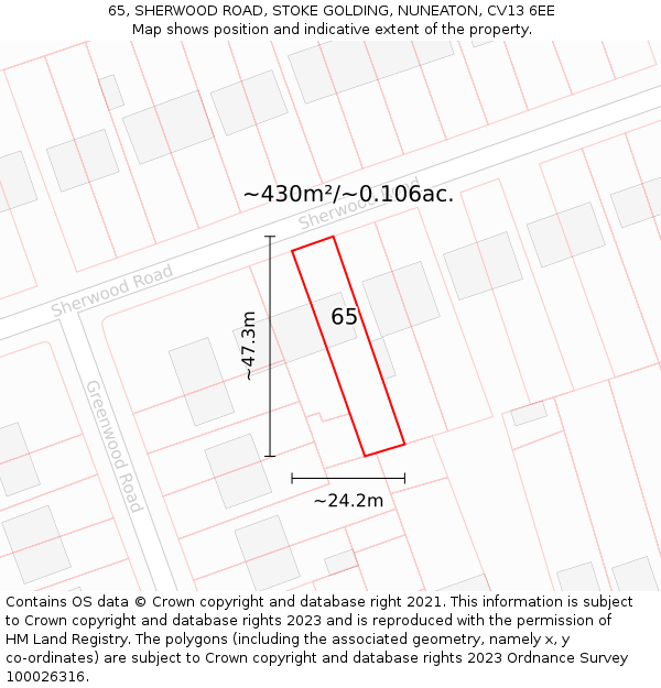 65, SHERWOOD ROAD, STOKE GOLDING, NUNEATON, CV13 6EE: Plot and title map