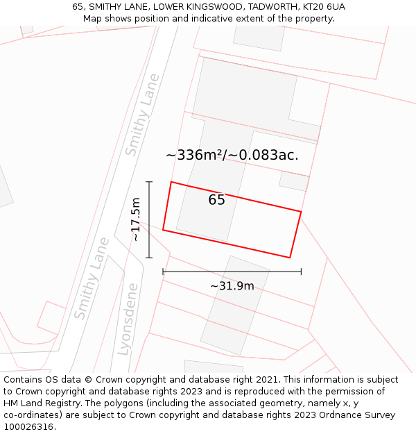 65, SMITHY LANE, LOWER KINGSWOOD, TADWORTH, KT20 6UA: Plot and title map