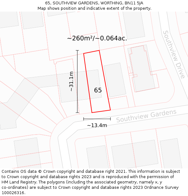 65, SOUTHVIEW GARDENS, WORTHING, BN11 5JA: Plot and title map