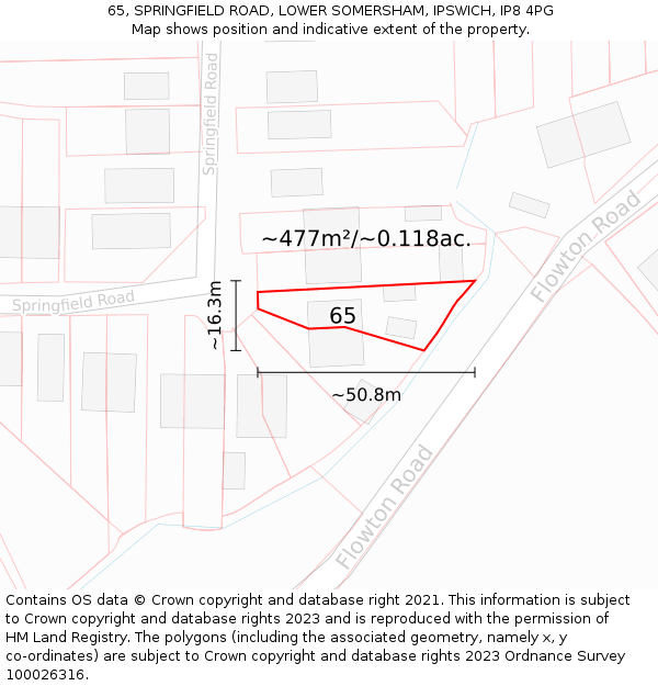 65, SPRINGFIELD ROAD, LOWER SOMERSHAM, IPSWICH, IP8 4PG: Plot and title map