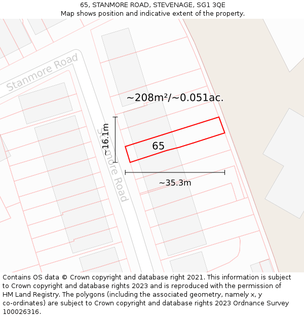 65, STANMORE ROAD, STEVENAGE, SG1 3QE: Plot and title map