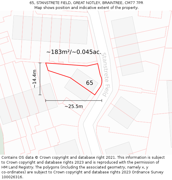 65, STANSTRETE FIELD, GREAT NOTLEY, BRAINTREE, CM77 7PR: Plot and title map