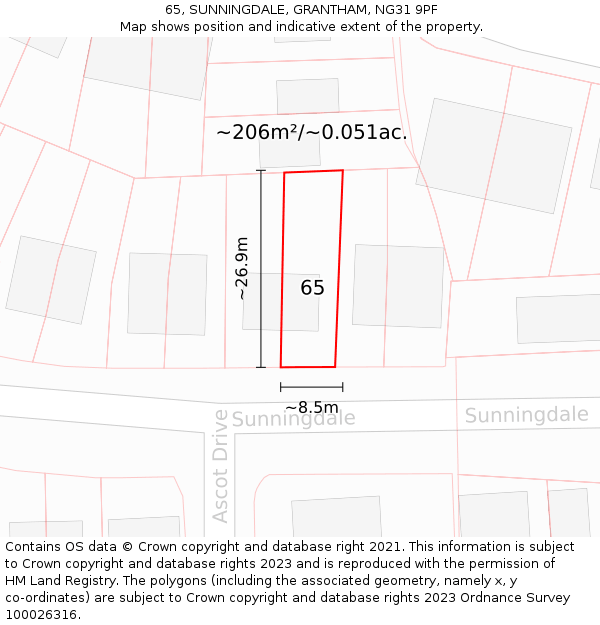 65, SUNNINGDALE, GRANTHAM, NG31 9PF: Plot and title map