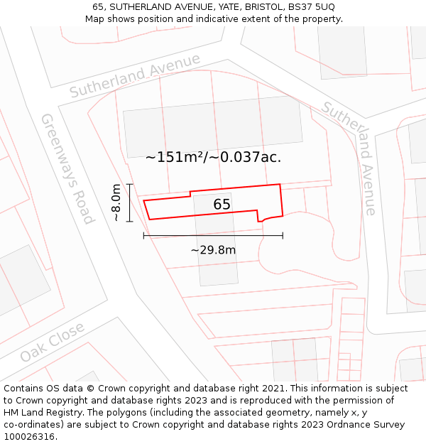 65, SUTHERLAND AVENUE, YATE, BRISTOL, BS37 5UQ: Plot and title map