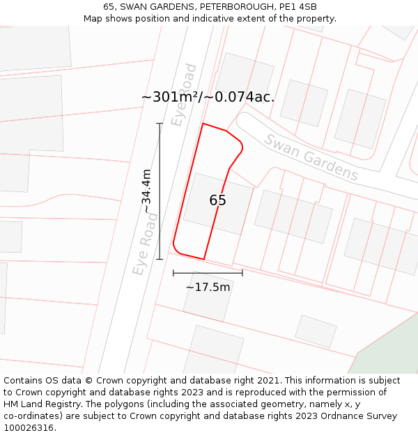 65, SWAN GARDENS, PETERBOROUGH, PE1 4SB: Plot and title map